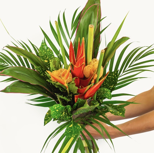 Vibrant tropical flower bouquet featuring red heliconias and lush green leaves.