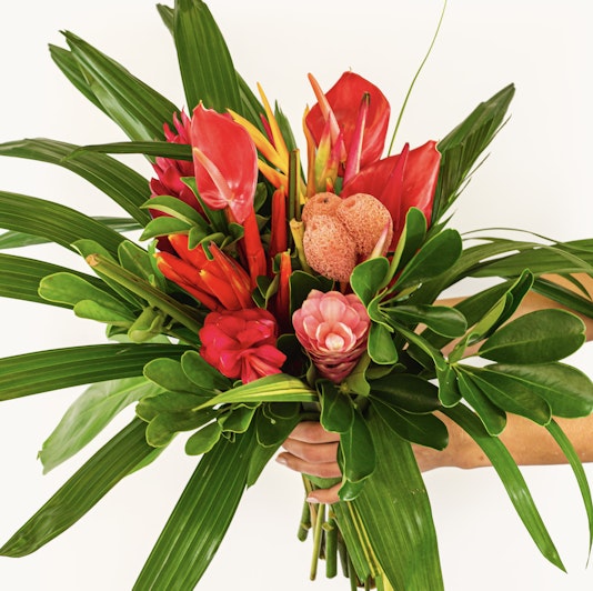 Vibrant tropical flower bouquet featuring red blooms and lush green foliage.