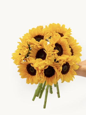 Vibrant sunflower bouquet held in a hand, showcasing bright yellow petals and rich brown centers.