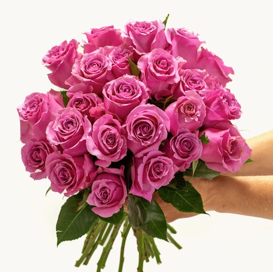 A vibrant bouquet of pink roses held gracefully, perfect for special celebrations.
